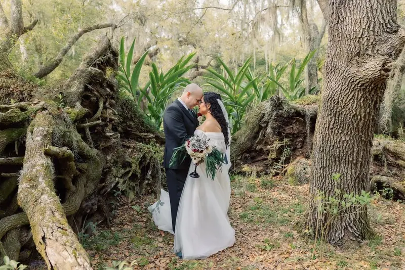 A couple shares a quiet moment among ferns and fallen tree trunks in a shaded forest