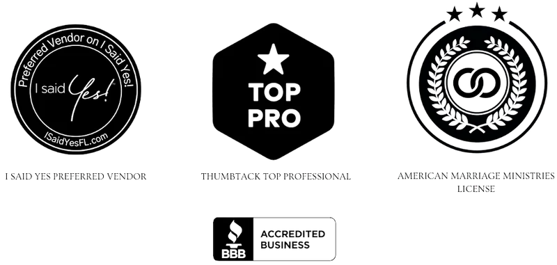 Accreditation badges: I Said Yes preferred vendor, Thumbtack Top Professional, American Marriage Ministries license, and BBB Accredited Business